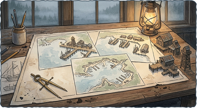 Hand-drawn bay map on a desk with lantern