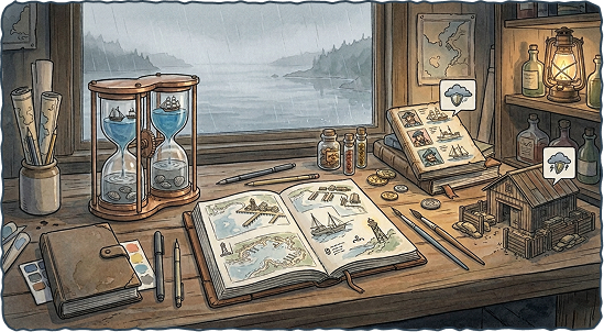Coastal study room with hourglass and maps