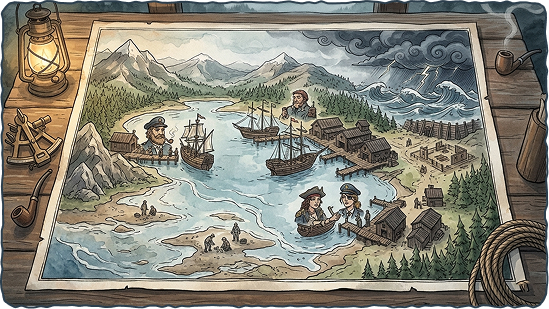 Illustrated bay map with ships and forests