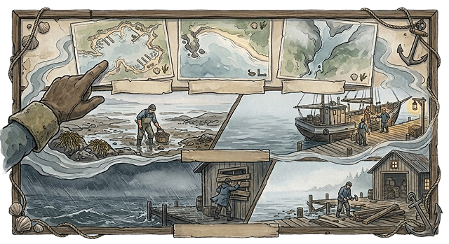 Illustrated coastline map being pointed at